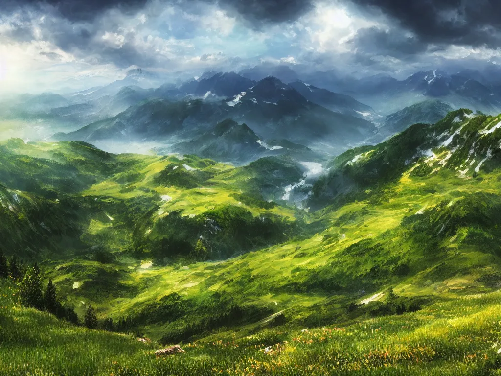 Prompt: realistic view from a mountaintop, high mountains, green meadow, alps, pyranees, digital painting, 4 k, wallpaper, realistic lightning