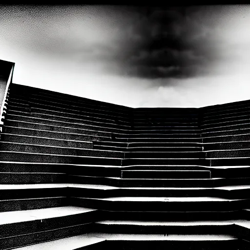 Image similar to black and white surreal photograph, highly detailed vast space made of stairsteps, sideview, detailed textures, natural light, mist, architecture photography, film grain, soft vignette, sigma 1 4 mm f / 1. 4 1 / 1 0 sec shutter, imax 7 0 mm footage