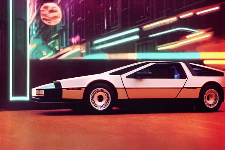 Image similar to designed by Giorgetto Giugiaro poster of a DeLorean thick neon lights, ektachrome photograph, volumetric lighting, f8 aperture, cinematic Eastman 5384 film