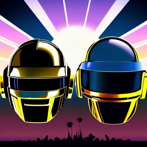 Prompt: Daft Punk duo near each other standing above a spaceship in space, seen from far away, realistic, high quality