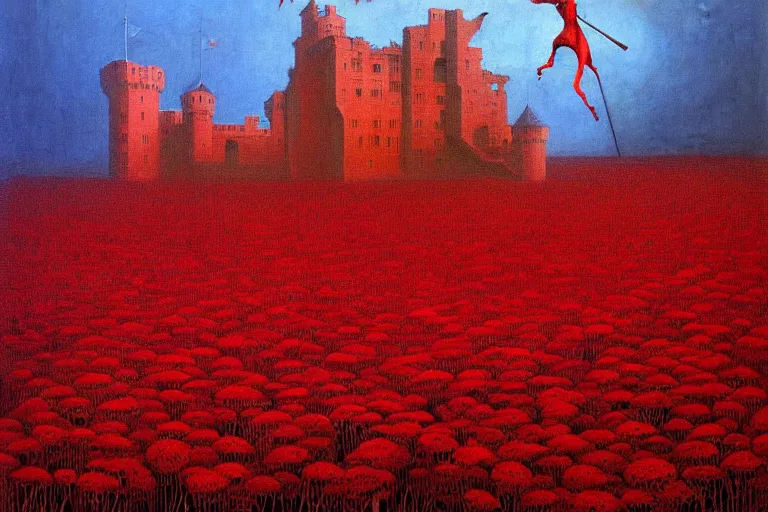 Image similar to only with red, red flowers of different types, a red tiger, a castle in the background, medieval demons dance over the flowers, an ancient path, in the style of beksinski, part by hopper, part by rodcenko, part by hofbauer, intricate composition, red by caravaggio, insanely quality, highly detailed, masterpiece, red light, artstation