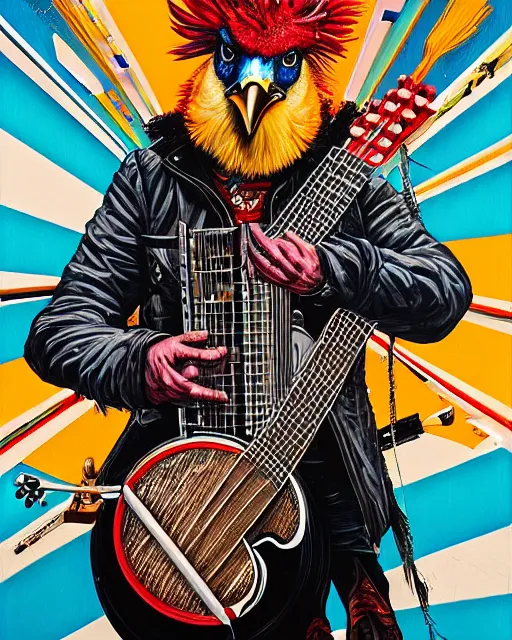 Prompt: a portrait of an anthropomorphic cyberpunk rooster shredding a banjo by sandra chevrier, by jon foster, detailed render, tape deck, epic composition, cybernetics, 4 k realistic, cryengine, realistic shaded lighting, sharp focus, masterpiece, by enki bilal