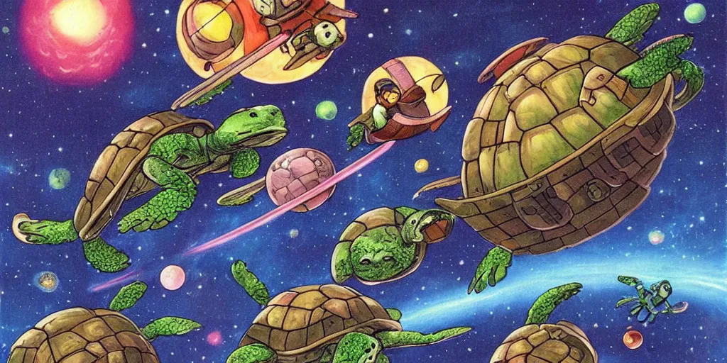 Image similar to 🐢🗺 great a'tuin flying through space carrying discworld by kirby