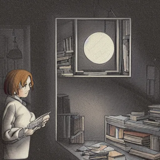 Image similar to a professor looking at stuff, higly detailed, dimm light, night, award - winning illustration, mystic