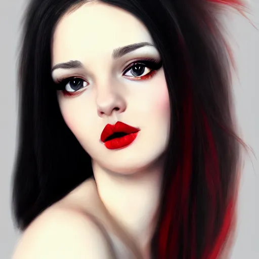 Image similar to a realistic illustration portrait of a beautiful cute girl with wavy black red hair, a pointy nose and, round chin black eyeliner, trending on artstation, intricate sift lighting, realistic