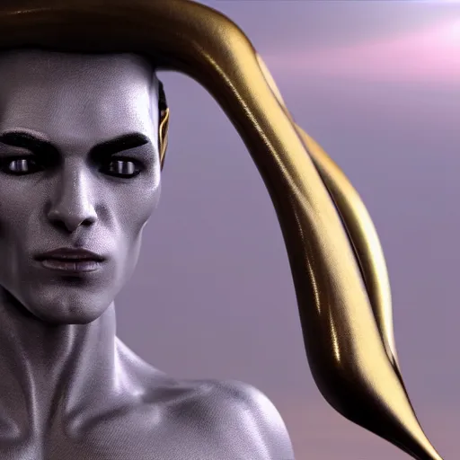 Image similar to a beautiful young male alien with ombre silver and gold skin, cinematic realistic, unreal engine 5,