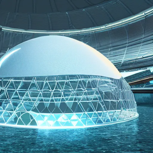 Prompt: a huge futuristic combat stadium with a forcefield dome underwater, hexagonal shaped, elegant architecture, modern, epic light, elegant, artstation, intricate, highly detailed, ultra realist, hd, unreal engine, 3 d, hd