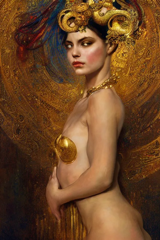 Image similar to an intricate painting of a beautiful young lady with an artistic sensual pose with klimt golden motives and textures, hyper detailed, ornamental gold headpiece, octane render, vivid colors, artstation, by jeremy mann, by alphonse mucha, by boris vallejo