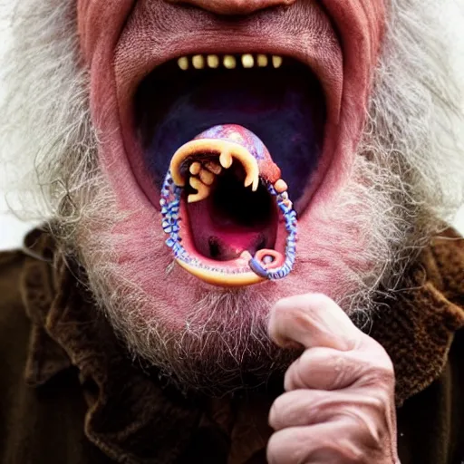 Image similar to National Geographic photo of angry old man with octopus living in his mouth