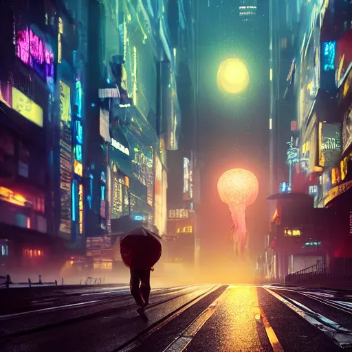 Image similar to jellyfish running on the street at night after the rain, with the silhouette of distant mountains in the background, cyberpunk style, blade runner, by darek zabrocki, 8 k