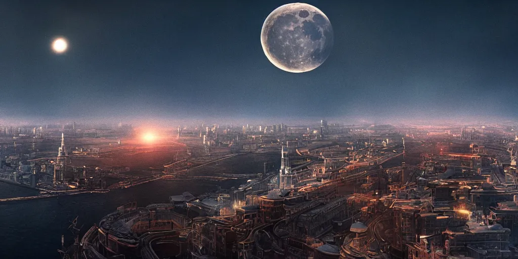 Prompt: cinematic shot of a st. petersburg city in the moon's hollow, russian orbit city cityscape, telephoto, iconic scene from the optimistic sci fi film directed by stanley kubrick, anamorphic cinematography, beautiful composition, color theory, leading lines, photorealistic, moody volumetric lighting