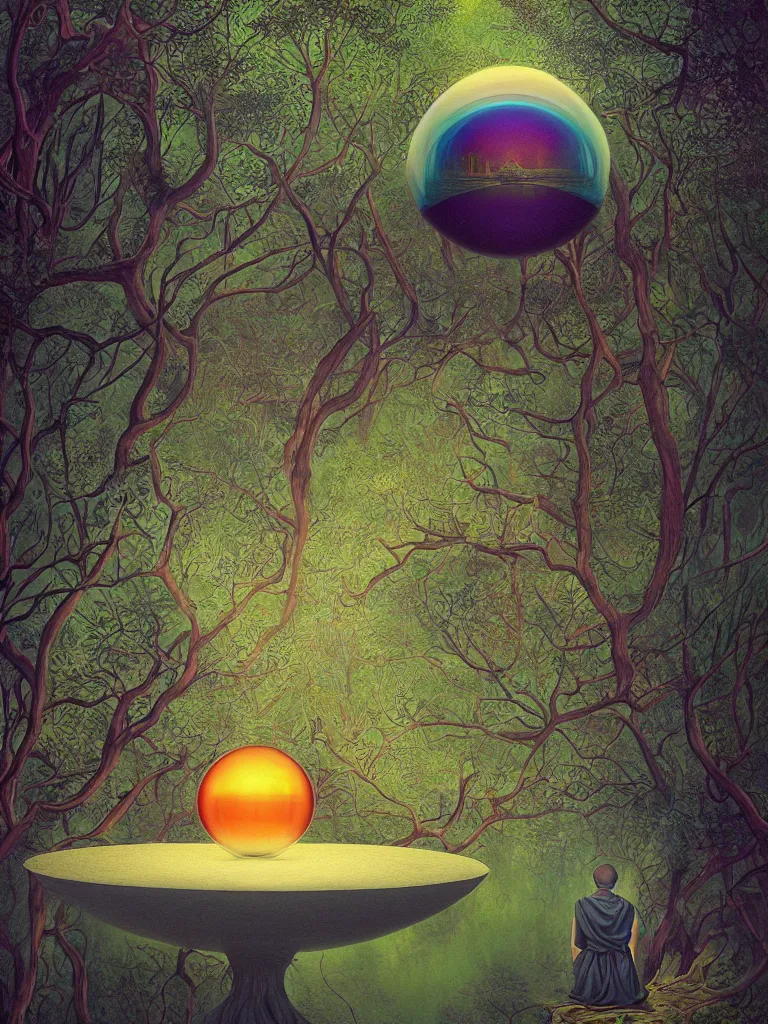 Image similar to neurograph, very very beautiful landscape, an echo a rainbow and a dream, monks praying in a temple forest through a spherical lens, surrealism, intricate, elegant, highly detailed, digital painting, trending on artstation, concept art, sharp focus, by rene magritte, moebius