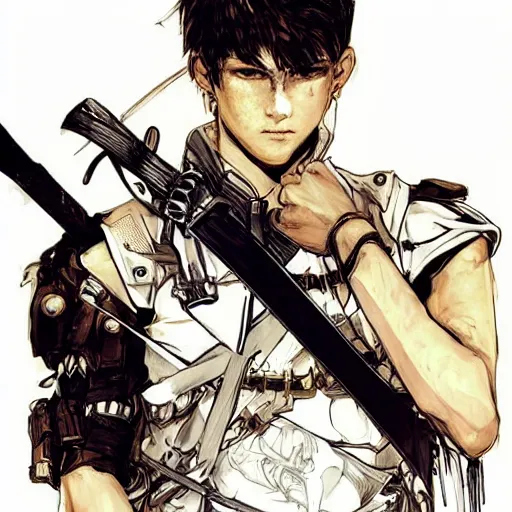 Image similar to portrait of a young white hero using his right arm to hold his sword covering his eye illustrated by yoji shinkawa, high quality, extra details, realism, ornate, colored, golden chain, blood, white skin, short hair, brown eyes, vivid, sunlight, red headband, black eyepatch, white american soldier, painting, cybernetics, military