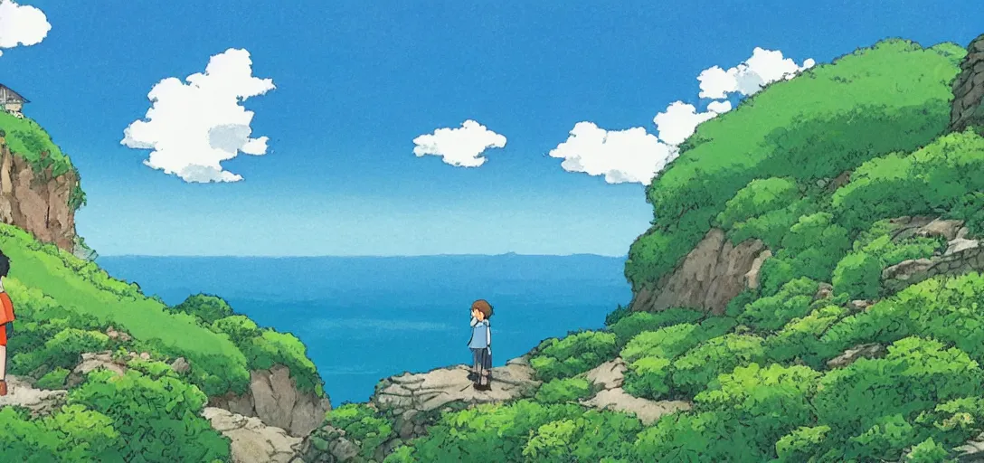 Image similar to studio ghibli hilly countryside and ocean