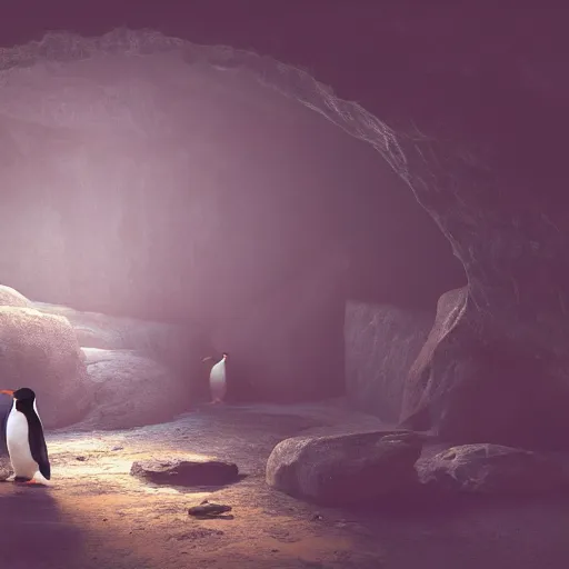 Prompt: lonely penguin playing in a cave, abandoned by its herd, cinematic lighting, 4k painting