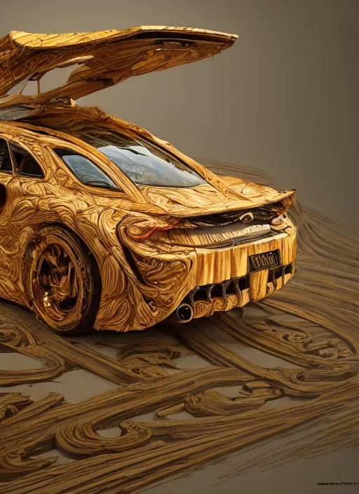 Prompt: a fancy car made out of carved woods on a forest, art style by klimt and nixeu and ian sprigger and wlop and krenz cushart, au naturel, hyper detailed, digital art, trending in artstation, cinematic lighting, studio quality, smooth render, unreal engine 5 rendered, octane rendered