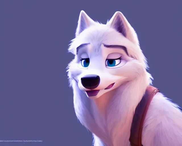 Image similar to portrait of cute white wolf in the style of zootopia, volumetric light, artstation, concept art, 8 k, high detail, perfect