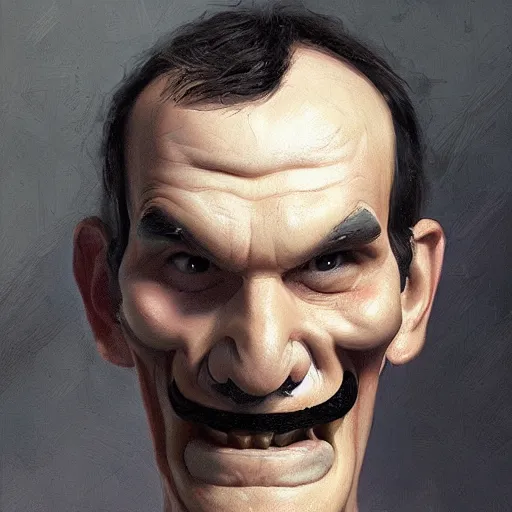 Image similar to portrait painting waluigi, silly, angry, rolling his eyes, painted by greg rutkowski, soft, sharp details, hyper realistic