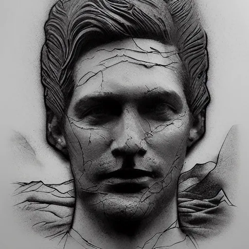 Image similar to double - exposure effect of davids statue face blended with the most beautiful mountains, in the style of dan mountford, amazing detail, black and white, tattoo sketch