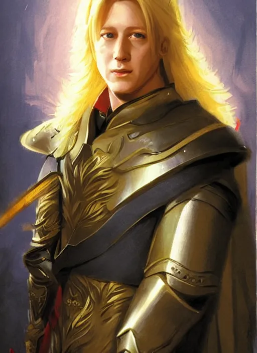 Prompt: portrait of young james spader with blond hair as a paladin, casting a protection spell, by bayard wu