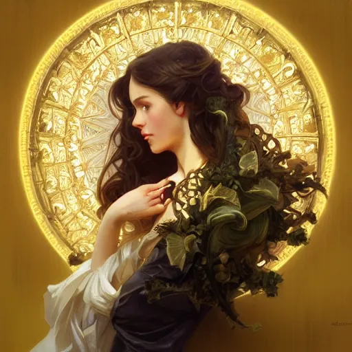 Image similar to a photograpic portrait of a pretty woman, rococo, gold, fantasy, intricate, elegant, highly detailed, digital painting, artstation, concept art, smooth, sharp focus, illustration, art by artgerm and greg rutkowski and alphonse mucha