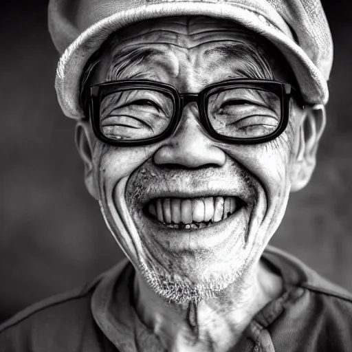 Image similar to a character portrait photo of a smiling old japanese man, hopeful, flickr contest winner, neo-expressionism, art photography, industrial background, hyperrealism, chiaroscuro, anamorphic lens flare, elegant, shallow depth of field, haze, volumetric lighting, low-contrast, colors, photo taken with provia, 24mm, f1.8, by Filip Hodas, by Andrew Domachowski