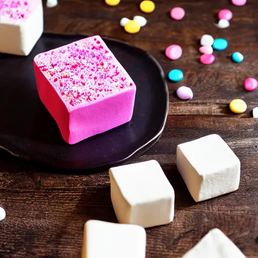 Image similar to photograph of a delicious marshmallow cube with sprinkles on a dark wooden chopping board, pastel colours, hessian cloth, styled food photography, photorealistic, 4 k