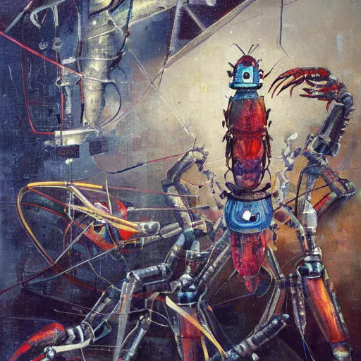 Prompt: robot crustacean, programming languages, oil on canvas by greg rutkowski and roberto matta