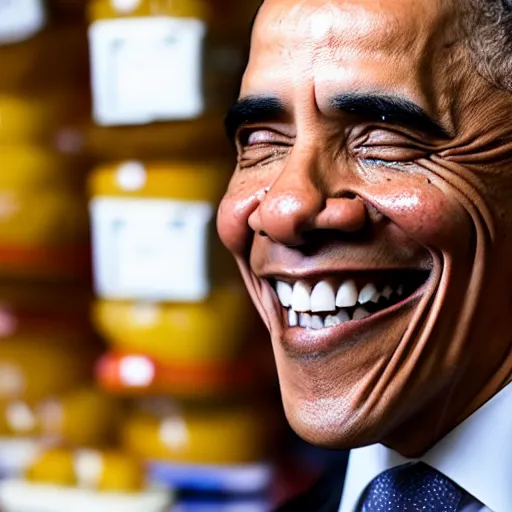 Prompt: Obama smiling and selling you very expensive cheese, 40nm lens, shallow depth of field, split lighting