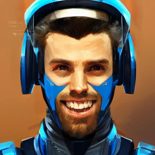 Image similar to Portrait of a man by Greg Rutkowski, he is about 30 years old, mixture between russian and turkish, quiff copper hair, attractive, uncanny smile, he is wearing a futuristic blue police outfit, highly detailed portrait, scifi, digital painting, artstation, concept art, smooth, sharp foccus ilustration, Artstation HQ