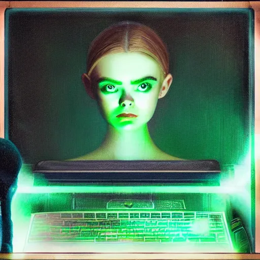 Image similar to Elle Fanning hacking a glowing green computer in the style of Paola Vetri, head and shoulders portrait, stormy weather, extremely detailed masterpiece, oil on canvas, low-key neon lighting, artstation, Blade Runner 2049, Roger Deakin’s cinematography, by J. C. Leyendecker and Peter Paul Rubens and Edward Hopper and Michael Sowa,