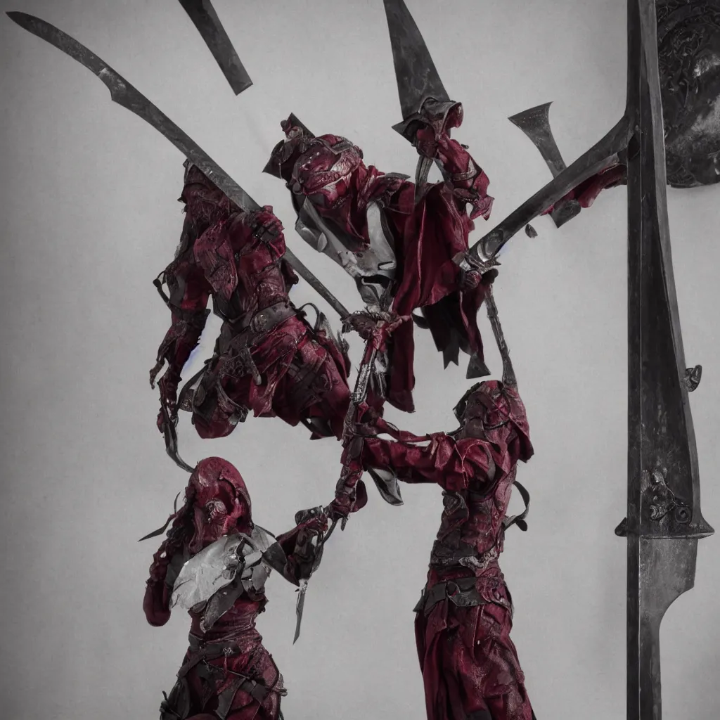 Prompt: Photograph. Film still. Crimson Abyss Alpha from game Grey Raven sheathing her sword. Extremely detailed. 4K. 35mm lens