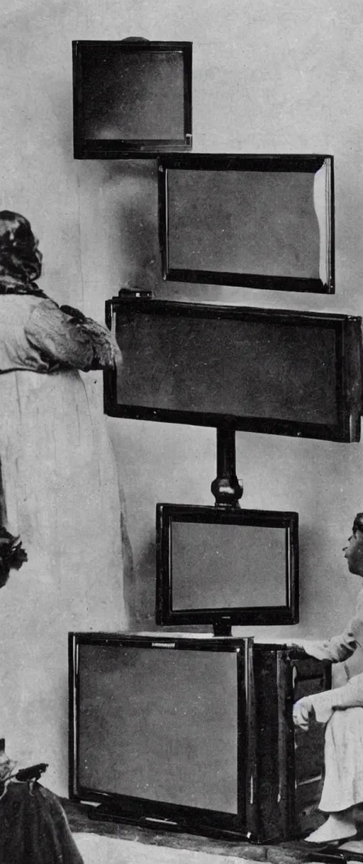 Image similar to 1 9 0 0 s photo of a person watching a flat screen hd tv