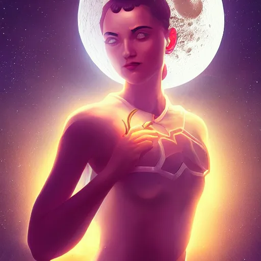 Prompt: artemis holding the moon, closeup, digital art, tarot card, symmetrical portrait!!, trending on cgsociety, contest winner, digital art, intricate, by beeple, artgerm, rutkowski, mumford, bussiere, villeneuve, symmetry!!