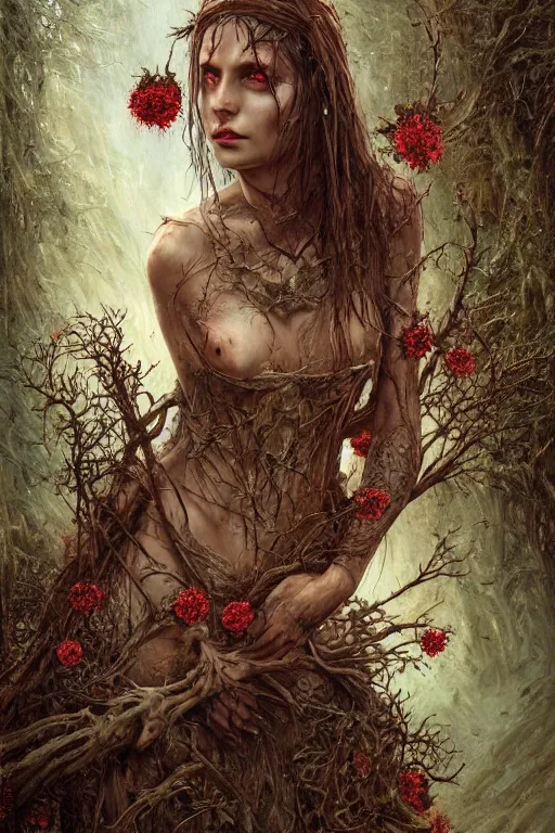 Image similar to wide perspective, very complex hyper-maximalist overdetailed cinematic darkfantasy portrait of a beautiful woman bound by thorns in a rotting bog by andrei riabovitchev, tomasz alen kopera, oleksandra shchaslyva. Omnious intricate, octane, Deviantart, hyper detailed illustration, 8k