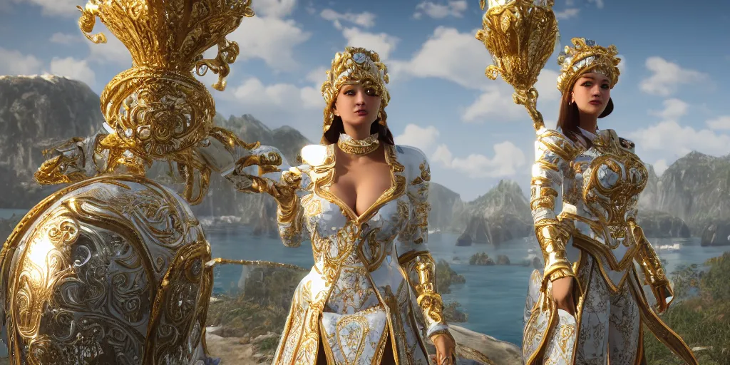 Prompt: a photo of 8 k ultra realistic humanoid princess standing next to a beautiful view, ornate white and gold officers outfit, cinematic lighting, trending on artstation, 4 k, hyperrealistic, focused, extreme details, unreal engine 5, cinematic, masterpiece