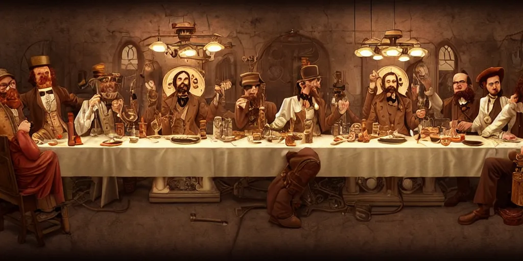 Image similar to steampunk last supper by wes anderson, digital painting, trending on artstation, sharp focus, 4 k