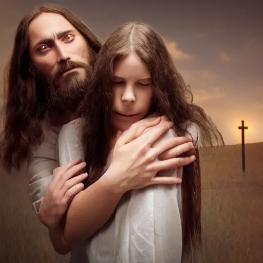 Image similar to creepy jesus christ hovering over a young woman rubbing her shoulder and sniffing her hair.