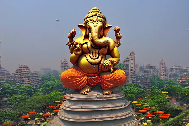 Prompt: magnificent futuristic new delhi, sharp biophilic ganesha!! building, kalighat flowers, highly detailed, stephen shore & john j. park, cinematic light, wide shot, ground angle, uhd 8 k, sharp focus