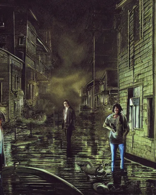 Image similar to illustration from the 2 0 0 0 s supernatural thriller set in halifax'the overflow ', a high quality high detail painting by david mattingly and samuel araya and dave mckean and richard corben, hd 4 k 8 k, realistic hyperdetailed scene painting, photorealistic lighting, urban horror aesthetic, composition and scene layout inspired by gregory crewdson and kyle thompson.