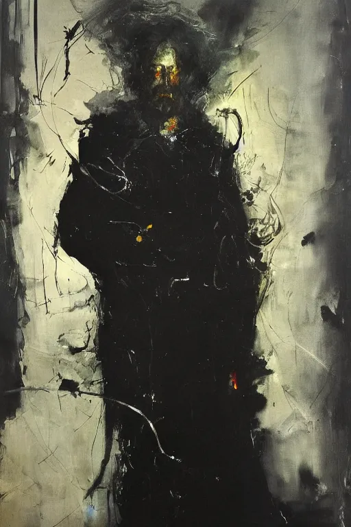 Image similar to menacing portrait of medici emerging from the dark void, figure in the darkness, painted by John Singer Sargant, Adrian Ghenie, Francis Bacon,