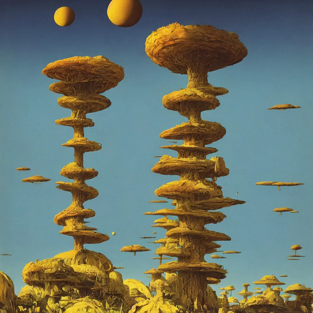 Image similar to a single! colorful!! fungus tower clear empty sky, a high contrast!! ultradetailed photorealistic painting by dean ellis, roger dean and giorgio de chirico, hard lighting, masterpiece