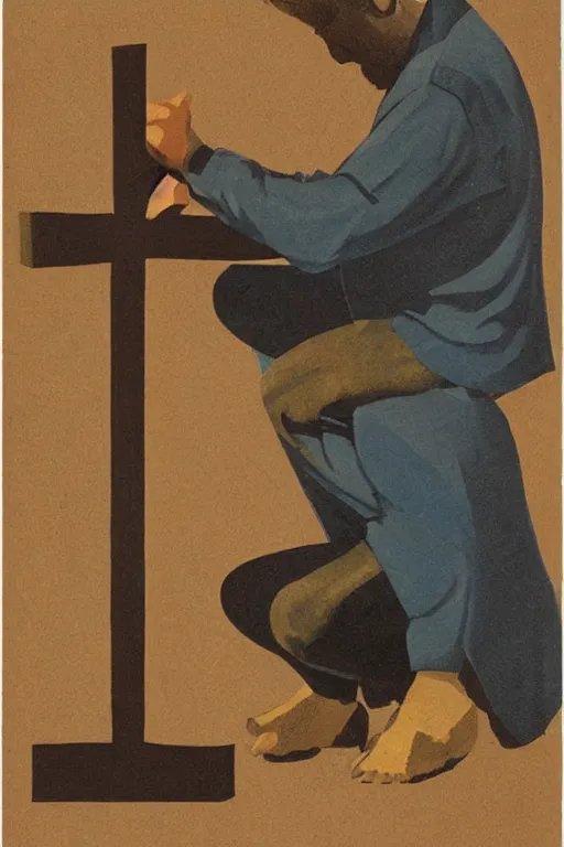 Image similar to man kneeling at the base of a wooden cross, 1960’s advertising art illustration