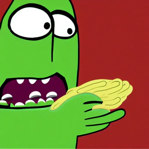 Prompt: animated fridge monster eating a pickle