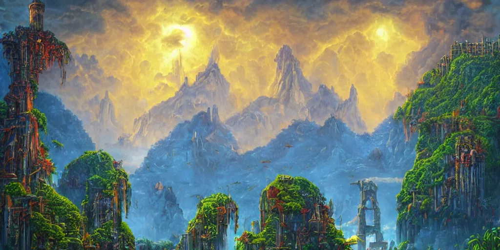 Image similar to fantasy oil painting, regale, fortress mega structure city, colossus of rhodes, atlantis, hybrid, looming, warm lighting, overlooking, epic, lush plants flowers, rainforest mountains, bright clouds, luminous sky, outer worlds, cinematic lighting, michael cheval, michael whelan, oil painting, natural tpose