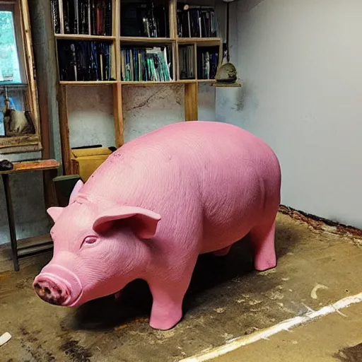 Prompt: “ large pig sculpture in an artist ’ s studio, mixed materials ”