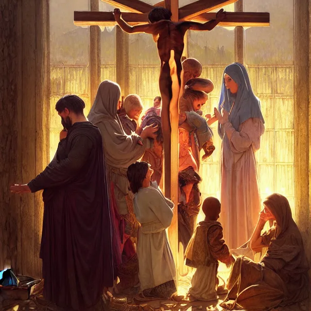 Prompt: poor hungry family praying to a cross, emotional sad painting, very poor, cross, christianity, medieval peasants, fantasy, cruel, dramatic lighting, intricate, wild, highly detailed, digital painting, artstation, concept art, smooth, sharp focus, illustration, art by artgerm and greg rutkowski and alphonse mucha