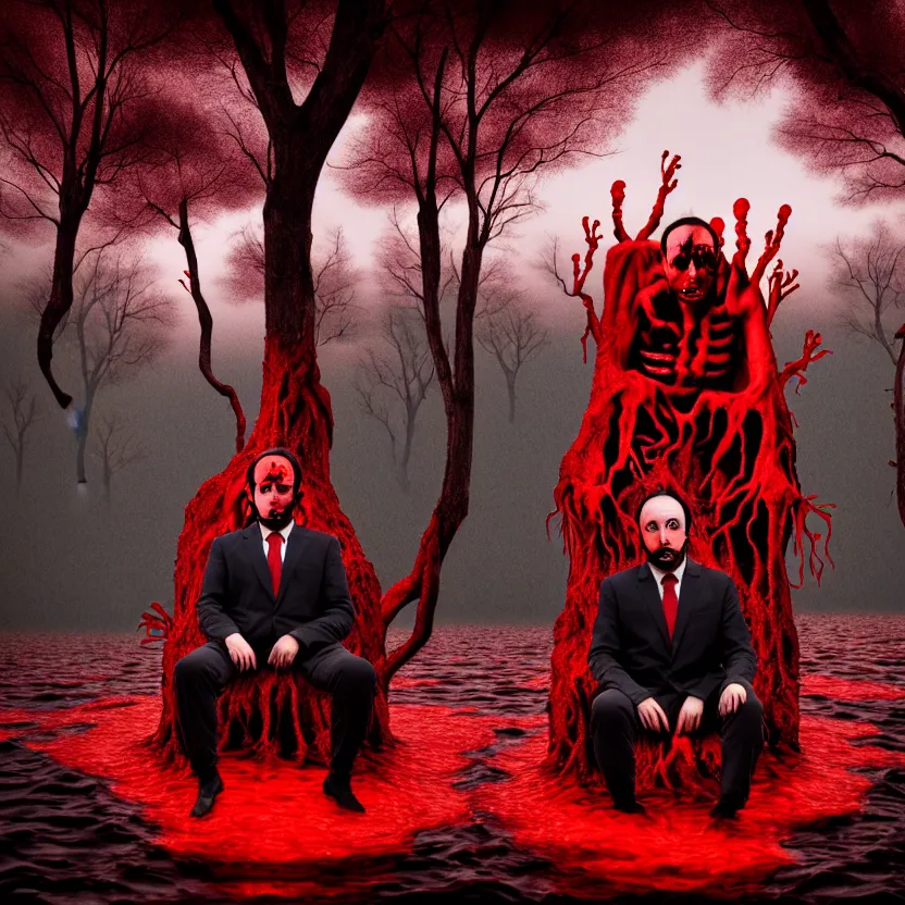 Image similar to a portrait of a man with five heads, twelve arms, sitting on chair made of human limbs, the chair is floating in a lake of blood, around the lake are melting trees, digital art, hyperrealistic nightmare scene, supernatural, highly detailed, creepy, terrifying