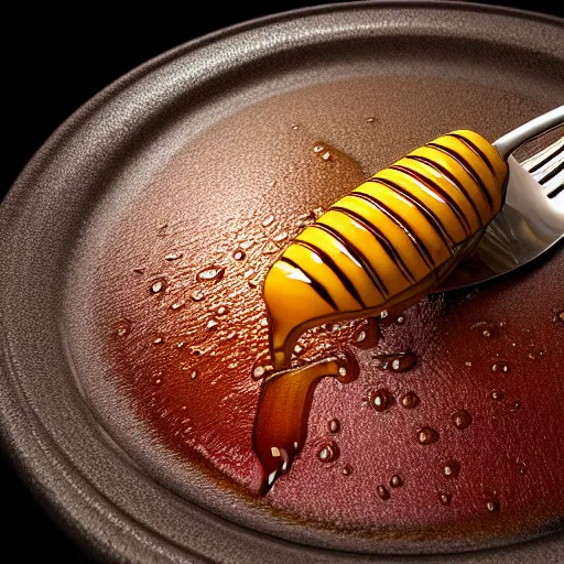 Image similar to A beautiful hyper realistic ultra detailed lifelike cinematic still of fork covered in dripping honey, unreal engine, deviantart, flickr, artstation, octane render, textured, colorful, extreme realistic detail, physically based rendering, pbr render, very detailed, volumetric lighting, detailed lighting, octane render, 4k, cinematic lighting, 8k resolution