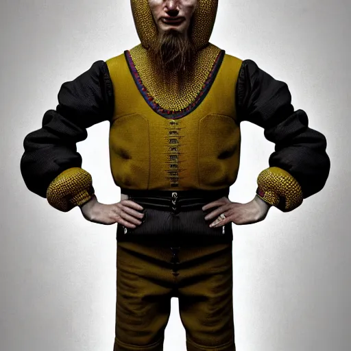 Image similar to Colour Caravaggio style Photography of Highly detailed brutal Gopnik with 1000 years perfect face and wearing detailed Ukrainian folk costume designed by Taras Shevchenko also wearing highly detailed retrofuturistic sci-fi Neural interface designed by Josan Gonzalez. Many details In style of Josan Gonzalez and Mike Winkelmann and andgreg rutkowski and alphonse muchaand and Caspar David Friedrich and Stephen Hickman and James Gurney and Hiromasa Ogura. Rendered in Blender and Octane Render volumetric natural light